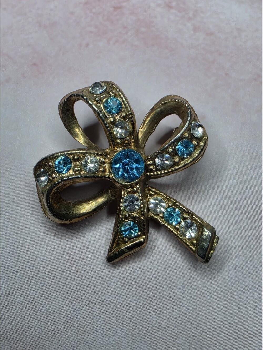 Vintage Gold Tone Aqua Blue & Clear Rhinestone Bow Brooch Pin